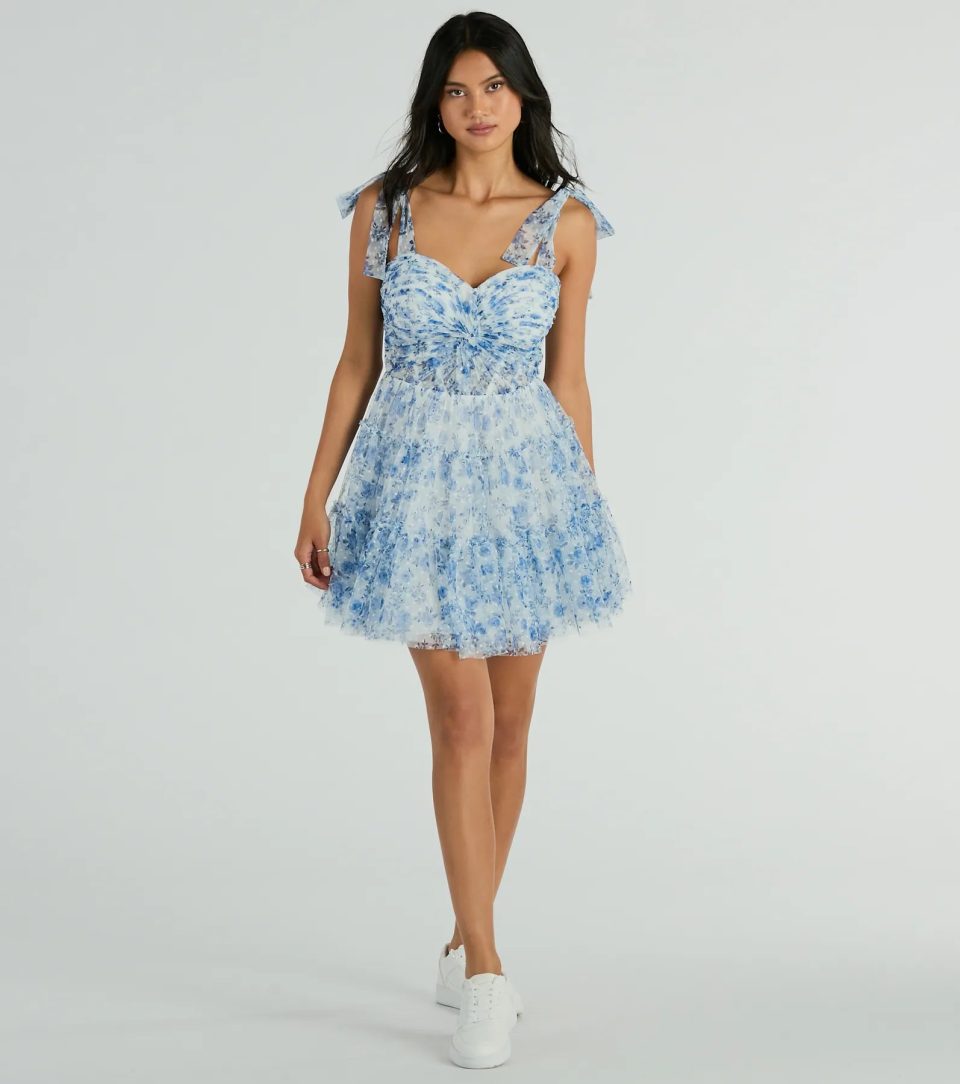 Brynne Formal Floral Mesh Ruffled Skater Dress