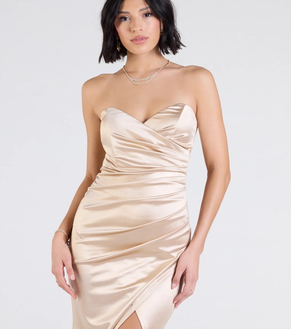 Olive Strapless Slit Mermaid Satin Formal Dress
