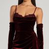 Inez Beaded Applique Velvet Formal Column Dress With Gloves