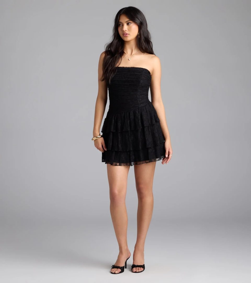 Lovely Nights Strapless Lace Ruffle Skater Dress