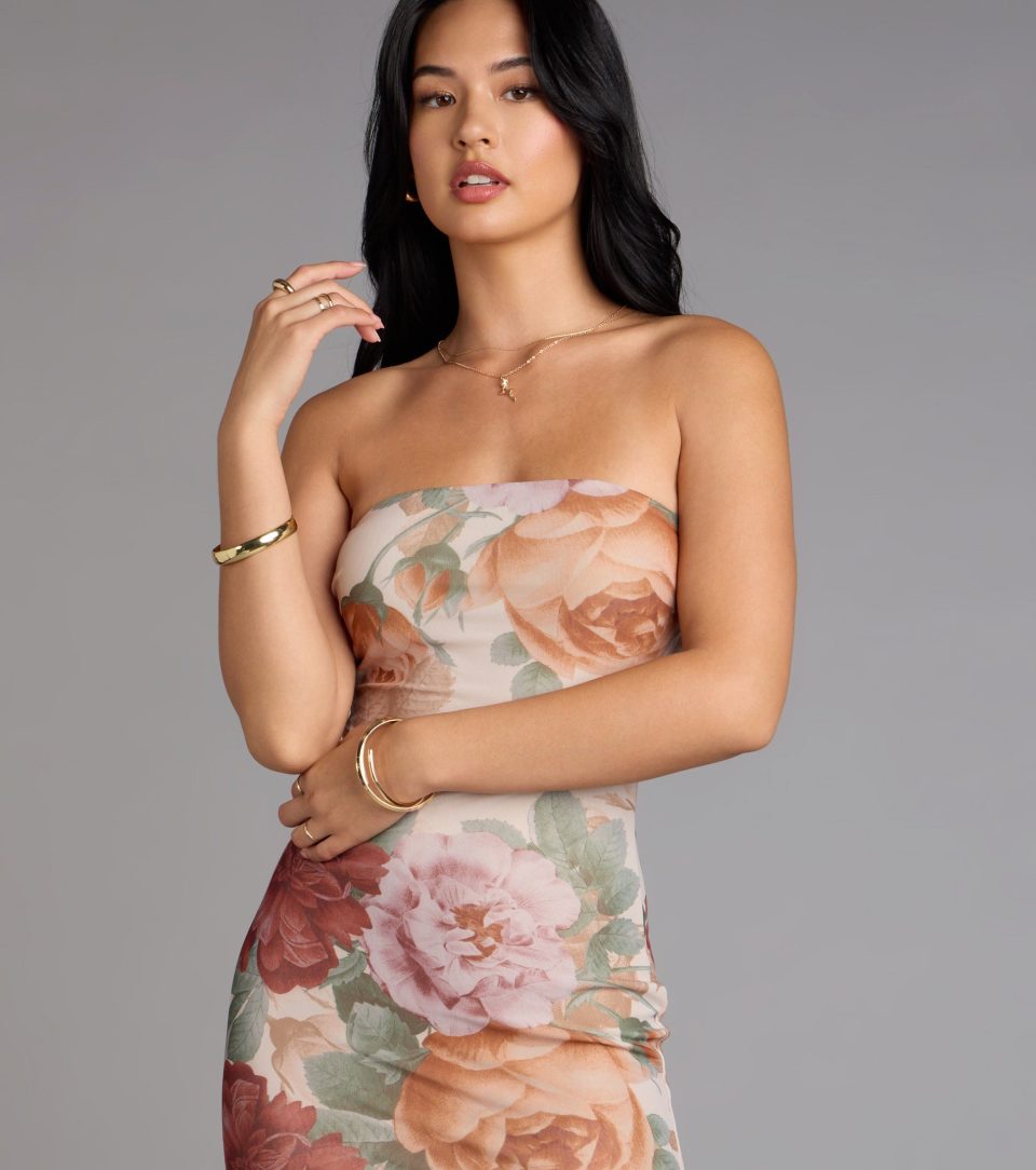 Bloom Season Floral Mesh Maxi Tube Dress