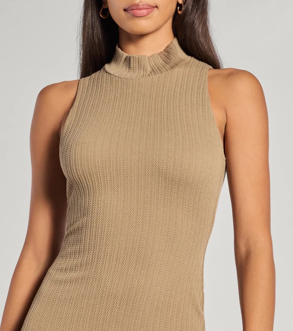She's Stylish Mock Neck Cable Knit Midi Dress