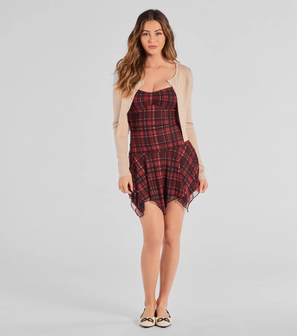 Edgy In Plaid Scoop Neck Mesh Mini Dress
