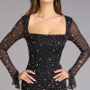 Dazzling Glam Long Sleeve Rhinestone Mesh Mini Dress