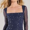 Dazzling Glam Long Sleeve Rhinestone Mesh Mini Dress